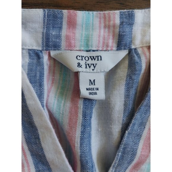 Crown & Ivy 100% Linen Striped Sleeveless Lace Trim V Neck Shirt Women's Medium - Picture 7 of 11